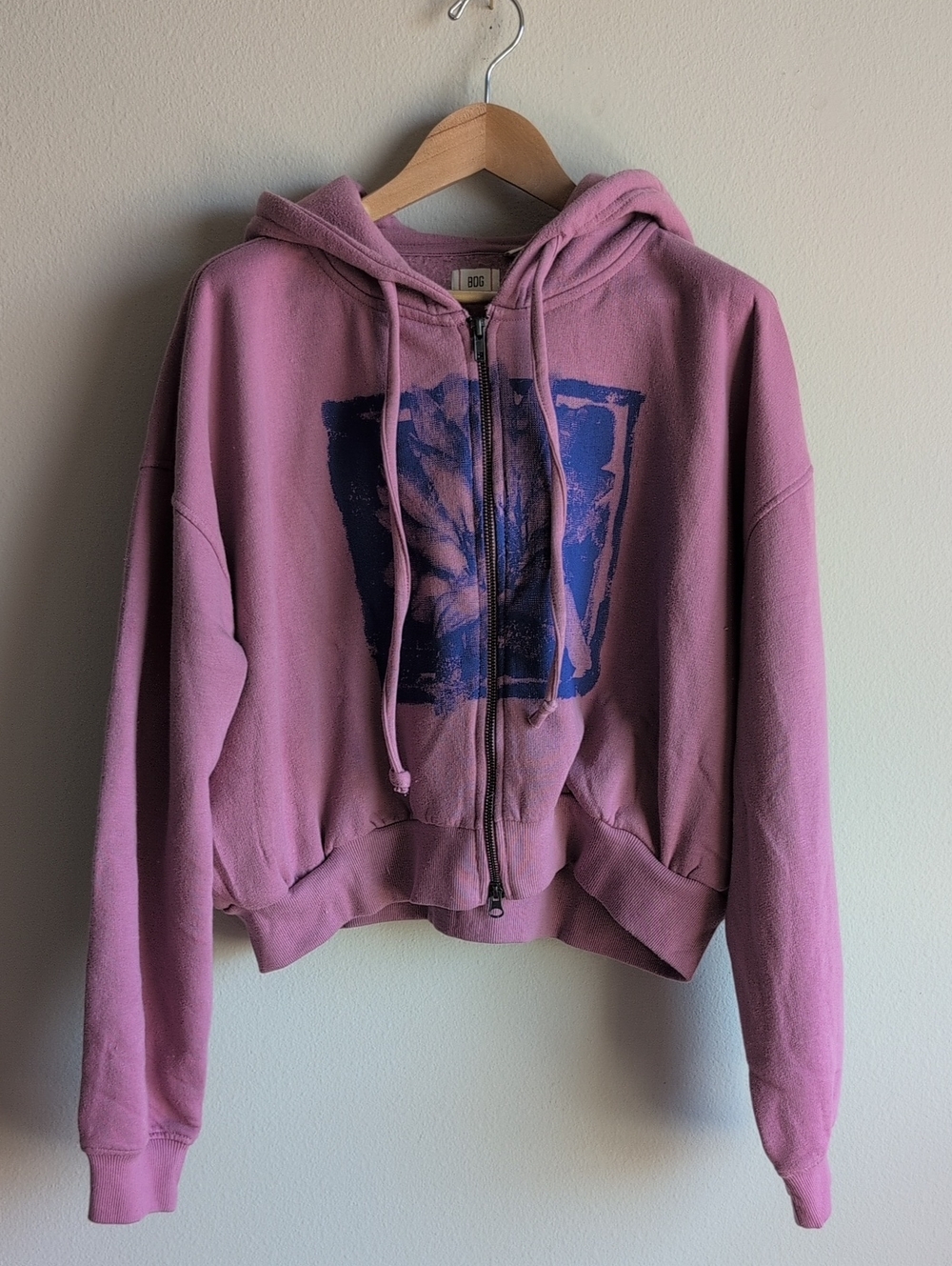 BDG Mauve Zip-Up Hoodie with Navy Graphic Flower, Size M, NWOT